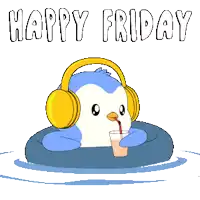 a penguin wearing headphones sits in a float with a drink and the words happy friday