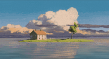 a painting of a house on a small island in the middle of a lake
