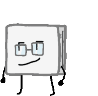 a cartoon drawing of a square with glasses and arms and legs .