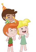 a boy and two girls are wearing party hats