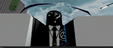 a person in a suit and tie with a question mark on their forehead