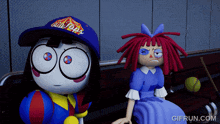 two dolls are sitting on a bench with one wearing a hat that says air tops