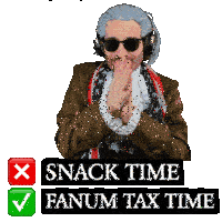a man wearing a wig and headphones is next to a sign that says snack time fanum tax time