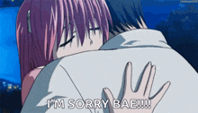 a girl hugging a man with the words " i 'm sorry bae " written below her