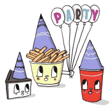 food party party time cake fries balloons
