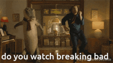 a man in a crocodile costume is dancing in a living room