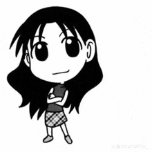 a black and white drawing of a girl with her arms crossed and a plaid skirt .