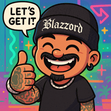 a cartoon of a man with a beanie that says blazzard on it