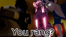 a man and a girl are standing next to each other with the words " you rang " in white letters