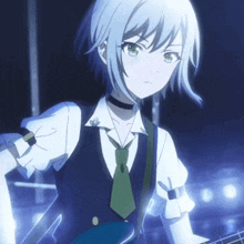 a girl with short white hair and green eyes is playing a guitar