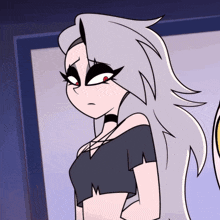 a cartoon drawing of a girl with long white hair and red eyes