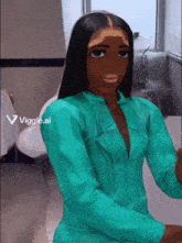 a cartoon woman in a blue shirt is standing in front of a window with a viggle.ai watermark