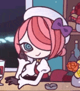 a cartoon girl with pink hair and a purple bow is sitting at a bar with a glass of wine .