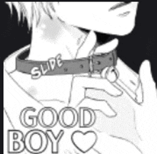 a black and white drawing of a man wearing a collar that says slide good boy on it .