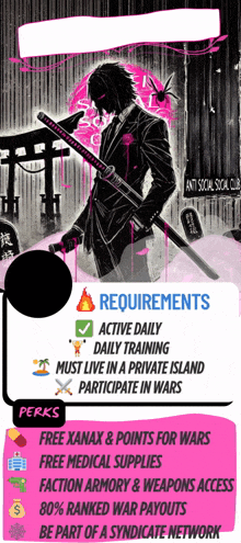 a man in a suit is holding a sword in front of a sign that says " anti social social club "