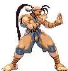 a pixel art of a man with a long tail standing in a fighting pose .