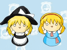 two cartoon characters are standing next to each other on a blue background . one is a witch and the other is a girl .