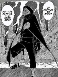 a black and white drawing of a man in a hooded cloak with a sword .