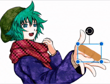 a girl with green hair and a bandage on her finger