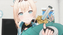 a girl with blonde hair is holding a sword in front of a poster that says ' samurai ' on it