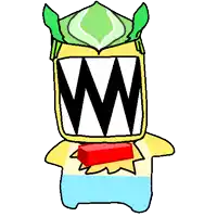 a cartoon drawing of a monster with huge teeth and a green helmet .