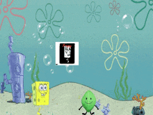 a cartoon scene with spongebob squarepants and a leaf with arms and legs