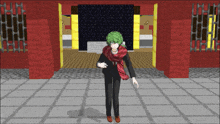 a cartoon character with green hair and a red scarf is standing in front of a brick wall