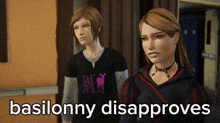 two girls are standing next to each other in a hallway with the words basilonny disaproves on the bottom