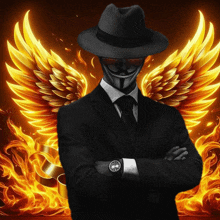 a man in a suit and hat has his arms crossed in front of a fire background