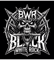 a white rock logo with a skull on it