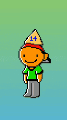 a pixel art of a boy wearing a triangle hat with the number 14 on it