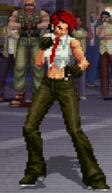 a pixel art of a man with red hair and a white shirt