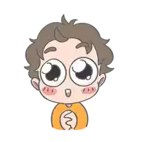a cartoon drawing of a boy with big eyes wearing an orange shirt