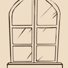 a black and white drawing of a man looking out of a window waving his hand .