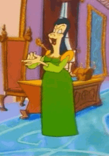 a cartoon woman in a green dress is standing in a room