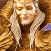 a woman with long white hair is wearing a gold costume with wings and a crown .