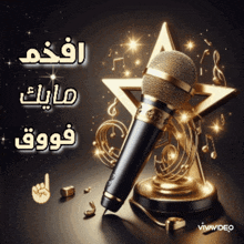 a microphone sitting on top of a gold star with the words " vivavideo " on the bottom