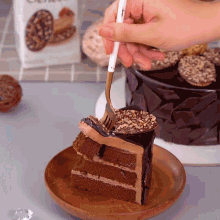 a slice of chocolate cake on a wooden plate