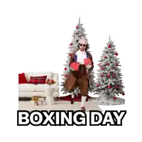 a man in a suit and boxing gloves stands in front of two christmas trees with the words boxing day below him