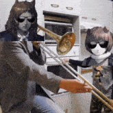 a man in a suit is playing a trombone in front of a microwave