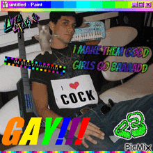 a man wearing a shirt that says " i love cock "