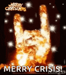 a christmas card with a cat making a rock and roll sign