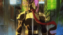 a cartoon character is standing in front of a neon sign that says ' g ' on it
