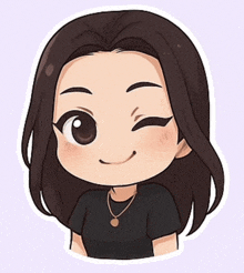 a cartoon drawing of a girl winking with a necklace around her neck