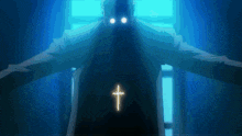 a person with glowing eyes and a cross on their back