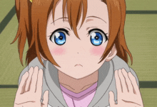 a girl with brown hair and blue eyes is looking at the camera