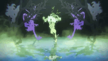 a drawing of a monster standing in the water with purple silhouettes behind him .
