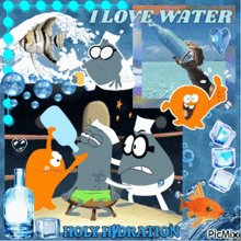 a collage of cartoon characters with the words i love water holy hydration