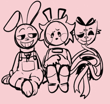 a black and white drawing of three stuffed animals sitting next to each other