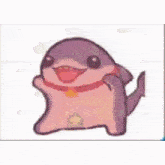 a drawing of a dolphin with its tongue out and a red collar on its neck .